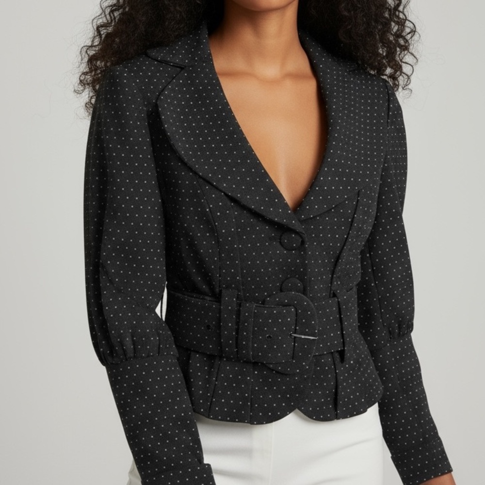 Bebe Polka Dot Wide Belted Y2K Jacket Size 2 Black Pearl Gray
